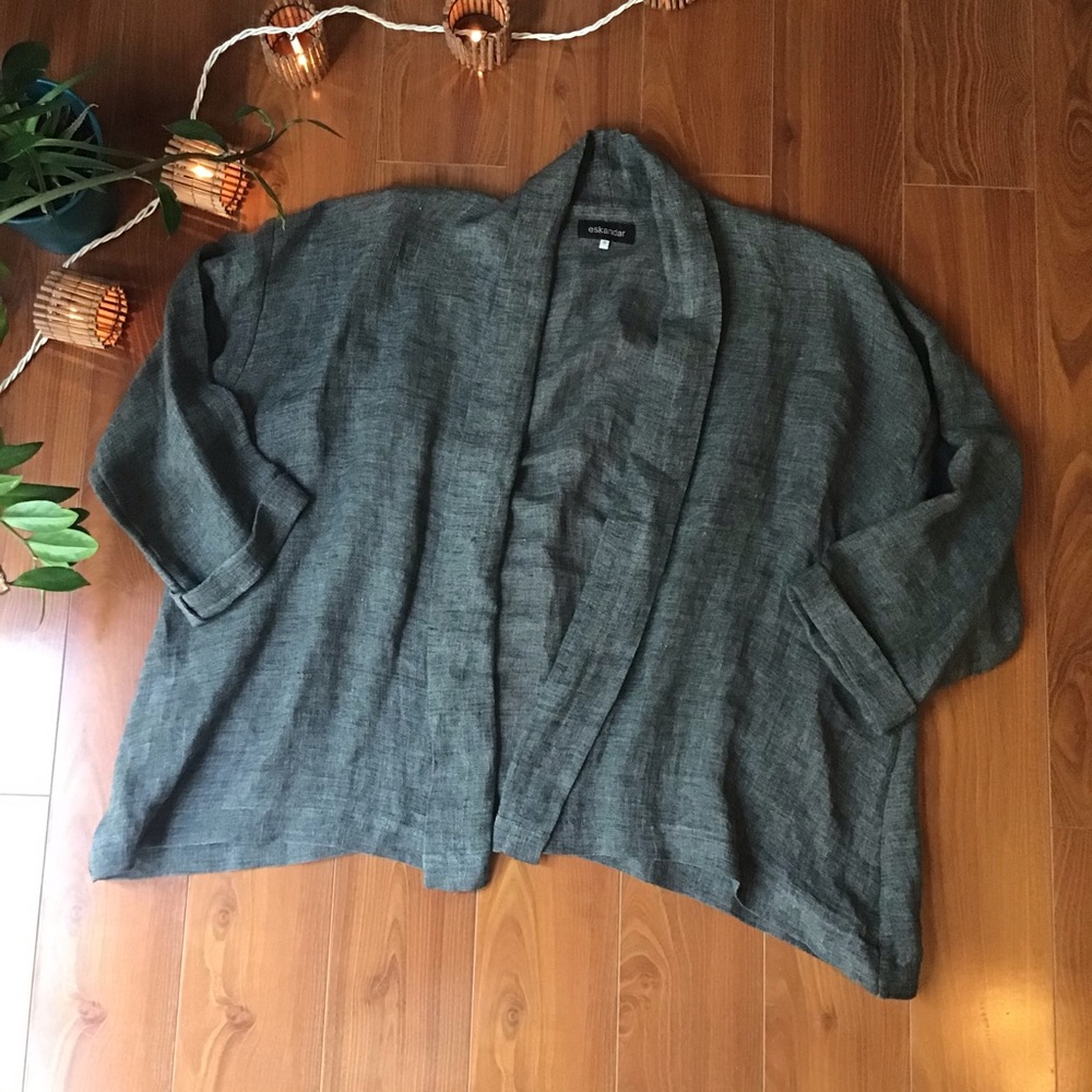 Eskandar linen open front woven cardigan blazer